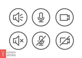 Speaker, Mic and Video Camera line icon set. Simple outline style for Video Conference, Webinar and Video chat. Microphone, audio, sound, mute, off concept. Vector isolated, editable stroke EPS 10.