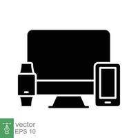 Computer monitor, smartwatch and mobile phone icon. Simple solid style. Cloud connection between various smart devices concept. Black silhouette symbol. Vector isolated on white background. EPS 10.