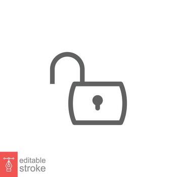 Unlocked lock icon. Simple outline style. Padlock with keyhole, open key, security concept. Thin line vector illustration design on white background. Editable stroke EPS 10.