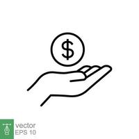 Salary, sell, money, business, buy, hand line icon. Simple outline style. Save, cash, coin, currency, dollar, finance concept. Vector illustration isolated on white background. EPS 10.