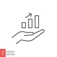 Hand and profit icon. Simple line style for web template and app. Future, pick, revenue, business, achievement, chart, diagram, vector illustration design on white background. Editable stroke EPS 10.