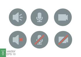 Speaker, Mic and Video Camera icon set. Simple flat style for Video Conference, Webinar and Video chat. Microphone, audio, sound, mute, off concept. Vector illustration isolated. EPS 10.