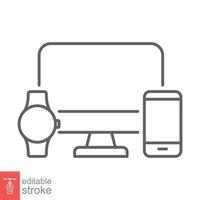 computadora monitor, reloj inteligente y móvil teléfono línea icono. sencillo contorno estilo. nube conexión Entre varios inteligente dispositivos concepto. vector aislado en blanco antecedentes. editable carrera eps 10