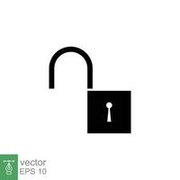 Unlocked lock icon. Simple solid style. Padlock with keyhole, open key, security concept. Black silhouette, glyph vector illustration design on white background. EPS 10.