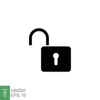 Unlocked lock icon. Simple solid style. Padlock with keyhole, open key, security concept. Black silhouette, glyph vector illustration design on white background. EPS 10.