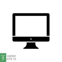 PC monitor icon. Simple solid style. Screen, tv, desktop computer display concept. Black silhouette, glyph symbol. Vector illustration isolated on white background. EPS 10.