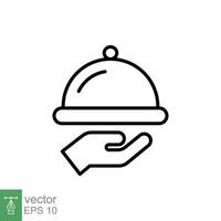 Tray icon. Simple outline style. Hand with a tray, waiter, Butler, platter, restaurant concept. Thin line symbol. Vector illustration isolated on white background. EPS 10.