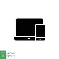 Laptop and mobile phone icon. Simple solid style. Desktop, device, screen, display, smartphone, responsive concept. Black silhouette symbol. Vector illustration isolated on white background. EPS 10.