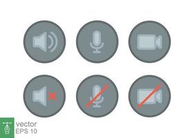 Speaker, Mic and Video Camera icon set. Simple flat style for Video Conference, Webinar and Video chat. Microphone, audio, sound, mute, off concept. Vector illustration isolated. EPS 10.