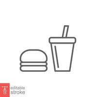 hamburguesa y suave bebida taza icono. sencillo contorno estilo. rápido alimento, hamburguesa, restaurante concepto. Delgado línea símbolo. vector ilustración aislado en blanco antecedentes. editable carrera eps 10