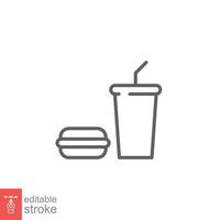 Hamburger and soft drink cup icon. Simple outline style. Fast food, burger, restaurant concept. Thin line symbol. Vector illustration isolated on white background. Editable stroke EPS 10.