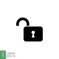 Unlocked lock icon. Simple solid style. Padlock with keyhole, open key, security concept. Black silhouette, glyph vector illustration design on white background. EPS 10.