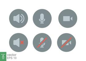 Speaker, Mic and Video Camera icon set. Simple flat style for Video Conference, Webinar and Video chat. Microphone, audio, sound, mute, off concept. Vector illustration isolated. EPS 10.