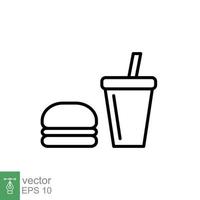 Hamburger and soft drink cup icon. Simple outline style. Fast food, burger, restaurant concept. Thin line symbol. Vector illustration isolated on white background. EPS 10.