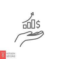 Hand and profit icon. Simple line style for web template and app. Future, pick, revenue, business, achievement, chart, diagram, vector illustration design on white background. Editable stroke EPS 10.