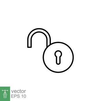 Unlocked lock icon. Simple outline style. Padlock with keyhole, open key, security concept. Thin line vector illustration design on white background. EPS 10.