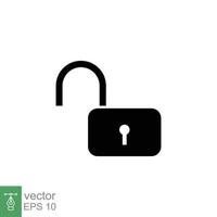 Unlocked lock icon. Simple solid style. Padlock with keyhole, open key, security concept. Black silhouette, glyph vector illustration design on white background. EPS 10.