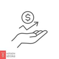 Hand and profit icon. Simple line style for web template and app. Future, pick, revenue, business, achievement, chart, diagram, vector illustration design on white background. Editable stroke EPS 10.