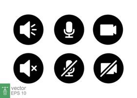 Speaker, Mic and Video Camera glyph icon set. Simple solid style for Video Conference, Webinar and Video chat. Microphone, audio, sound, mute, off concept. Vector illustration isolated. EPS 10.