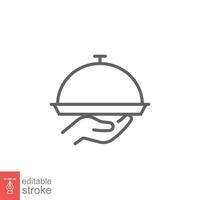 Tray icon. Simple outline style. Hand with a tray, waiter, Butler, platter, restaurant concept. Thin line symbol. Vector illustration isolated on white background. Editable stroke EPS 10.