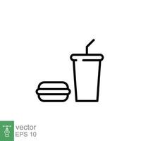 Hamburger and soft drink cup icon. Simple outline style. Fast food, burger, restaurant concept. Thin line symbol. Vector illustration isolated on white background. EPS 10.