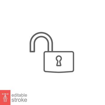Unlocked lock icon. Simple outline style. Padlock with keyhole, open key, security concept. Thin line vector illustration design on white background. Editable stroke EPS 10.