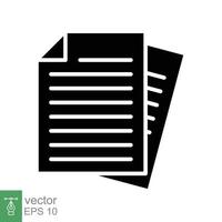 Document icon. Note, information, paper, sheet, pictogram, contract, copy concept. Black silhouette, glyph vector illustration isolated for web design. EPS 10.