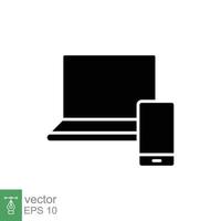 Laptop and mobile phone icon. Simple solid style. Desktop, device, screen, display, smartphone, responsive concept. Black silhouette symbol. Vector illustration isolated on white background. EPS 10.