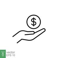 salario, vender, dinero, negocio, comprar, mano línea icono. sencillo contorno estilo. ahorrar, dinero en efectivo, moneda, divisa, dólar, Finanzas concepto. vector ilustración aislado en blanco antecedentes. eps 10