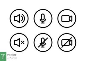 Speaker, Mic and Video Camera line icon set. Simple outline style for Video Conference, Webinar and Video chat. Microphone, audio, sound, mute, off concept. Vector illustration isolated. EPS 10.