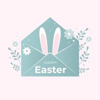 Envelope with rabbit ears, flowers and plant elements. Vector illustration. Design for Easter card. Holiday greeting text.