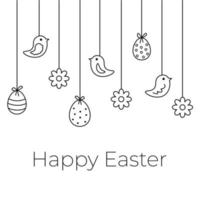 contento Pascua de Resurrección saludo tarjeta diseño. lineal vector ilustración de Pascua de Resurrección huevos con patrón, aves y flores mano dibujado bosquejo garabatear estilo.