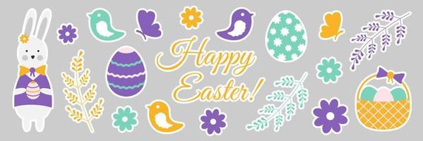 Easter stickers set. Vector illustration of Easter bunny and eggs. Festive Elements for greeting card. Holiday text design.