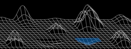 Digital landscape background with water. Perspective grid with convex distortions in the form of mountains. Vector illustration of linear mesh warp.