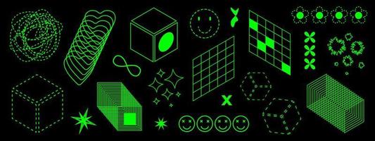 Retro futuristic acid set. Vector illustration of perspective objects, 3d cubes, digital geometric shapes, smileys and signs.