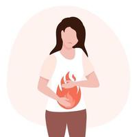 Woman hurts stomach and intestines. Suffering from stomach burns with pain. Healthcare and medicine concept. Vector illustration.