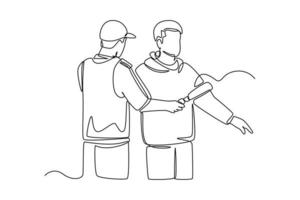 Continuous one line drawing Airport security agent using a metal detector on a male passenger. airport activities concept. Single line draw design vector graphic illustration.