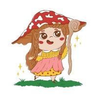 child with a hat of the mushroom of fly agaric holds a magical staff in his hands and conjures in a clearing. Fairytale, cartoon doodle character vector