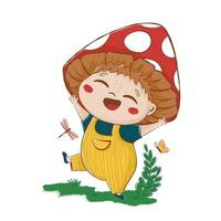 child with a hat mushroom rejoices in a clearing around the pole of butterflies and dragonflies fly. Fairytale cartoon cheerful character. vector