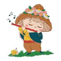 child with a mushroom hat plays music in a pipe in a clearing. Fairytale cartoon cheerful character vector