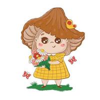 A child with a mushroom hat holds a bouquet of flowers in the clearing in his hands. vector