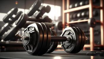 Metal dumbbells with background blurred gym interior photo