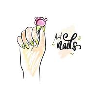 Delicate rose in pink colors, beautiful nails in light green color, hand lettering vector