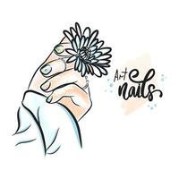 Spring manicure with chamomile, trendy nail design,   doodle vector
