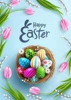 Easter poster and banner template with Easter eggs in the nest on light green background.Greetings and presents for Easter Day in flat lay styling.Promotion and shopping template for Easter vector