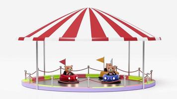 3d amusement park concept with electric bump car, teddy bear isolated on white background. 3d animation video