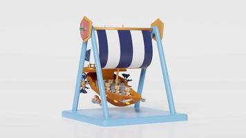 3d amusement park concept with viking ship, teddy bear isolated on white background. 3d animation video