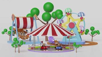 3d amusement park concept with electric bump car, teddy bear viking ship, railroad tracks, ferris wheel, landscape isolated on white background. 3d animation
