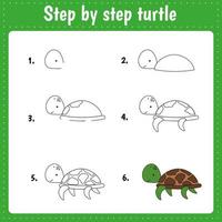 Drawing lesson for children. How draw a turtle. Drawing tutorial for kids. Step by step repeats the picture. Kids activity art page for book. Vector illustration.