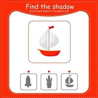 Find the correct shadow. Educational game for children. Cartoon vector illustration. Sailboat